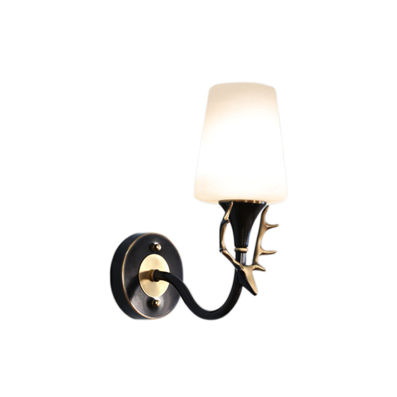 Rustic Metal Curved Arm Wall Sconce Light With Tapered Frosted Glass Shade - Black/Gold Finish For