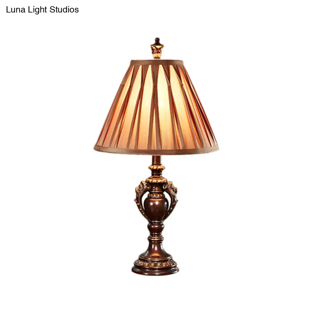 23/27 Vintage Fabric Table Lamp - Antique Brown Tone Conical Shape Living Room Nightstand Decor