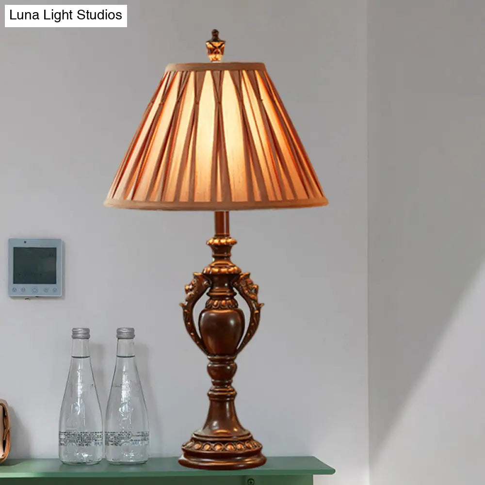 23/27 Vintage Fabric Table Lamp - Antique Brown Tone Conical Shape Living Room Nightstand Decor