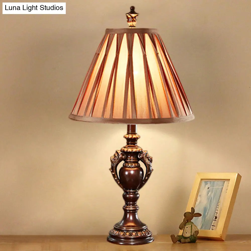 23/27 Vintage Fabric Table Lamp - Antique Brown Tone Conical Shape Living Room Nightstand Decor