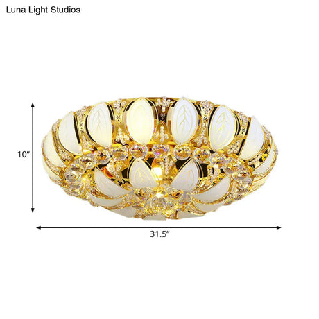 23.5’/31.5’ Contemporary Crystal And Glass Round Flush Ceiling Light With Leaf Pattern In Gold