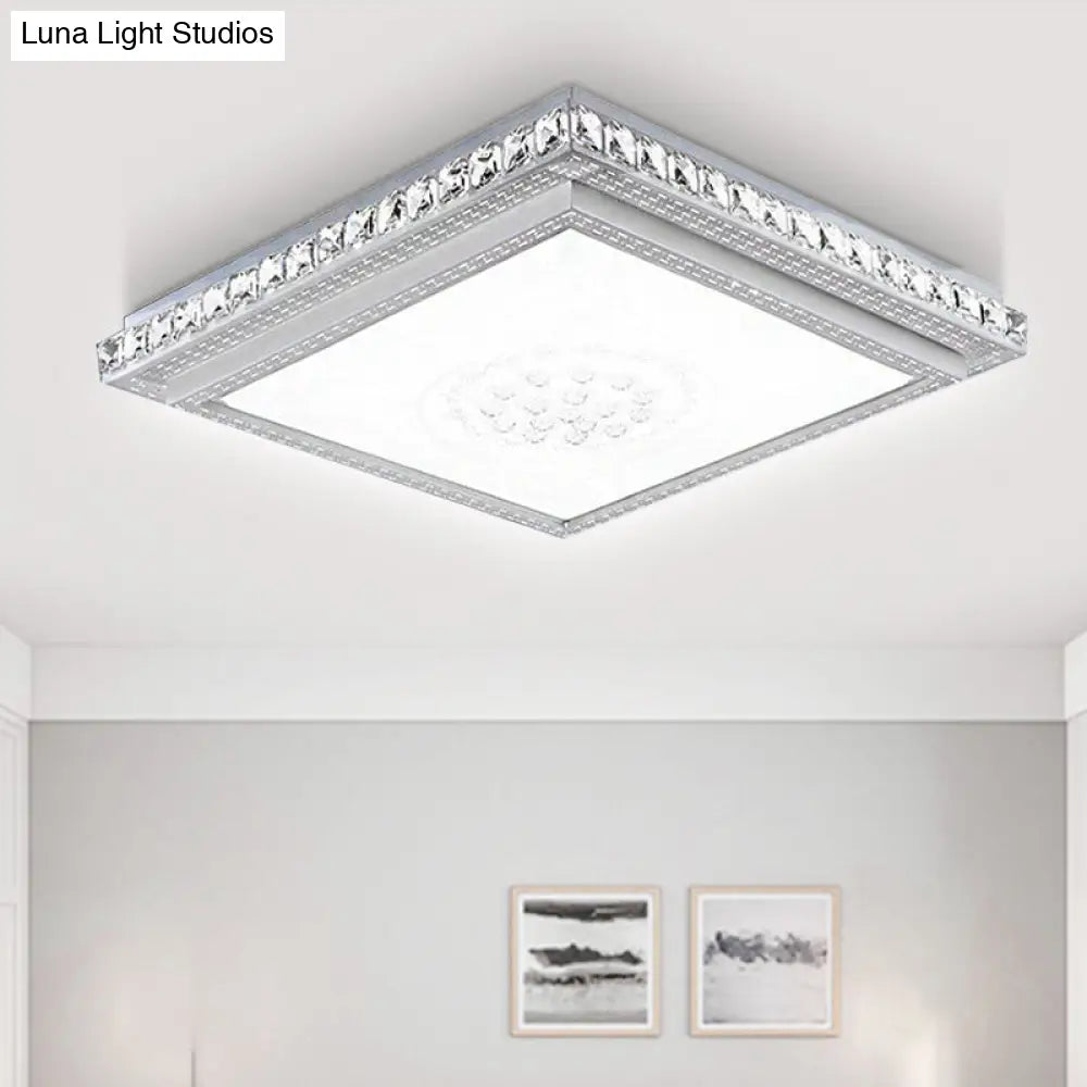 23.5-42.5 Wide Led Ceiling Flush Mount Bedroom Lamp - White Light With Acrylic Shade & Crystal