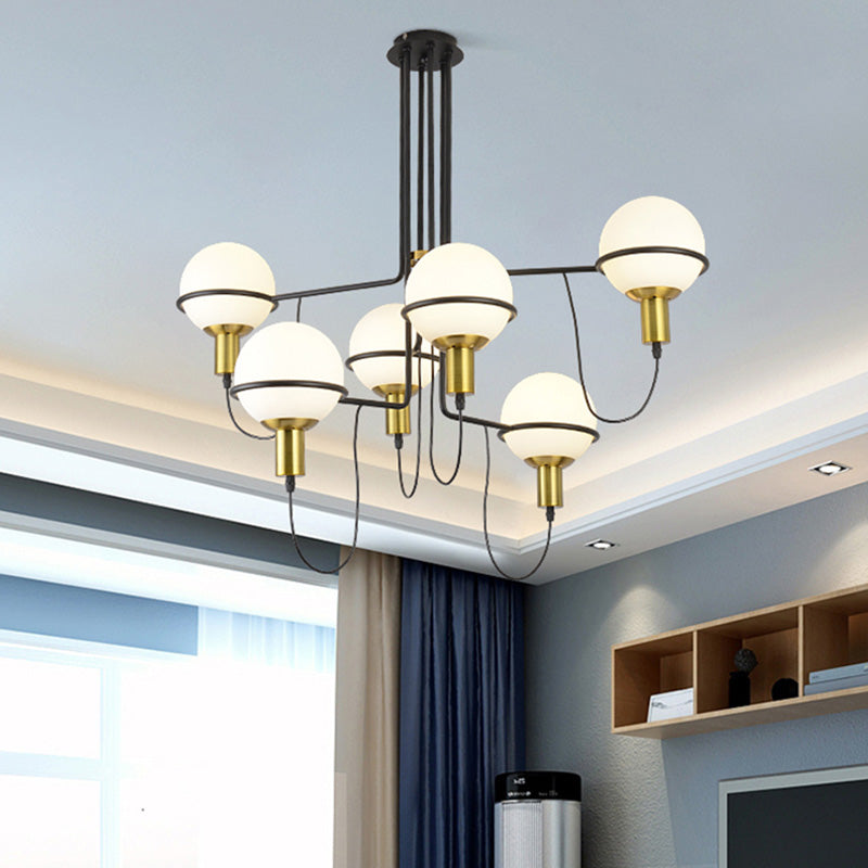 Modern Gold Radial Chandelier With White Glass Sphere Shade - Multi-Light Metal Hanging Lamp Fixture
