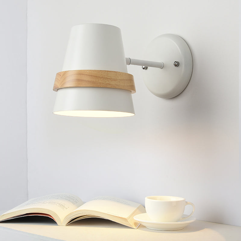 Horn-Shaped Adjustable Wall Light With Minimalist Metal Design And Wood Ring Decor - 1-Light Bedside