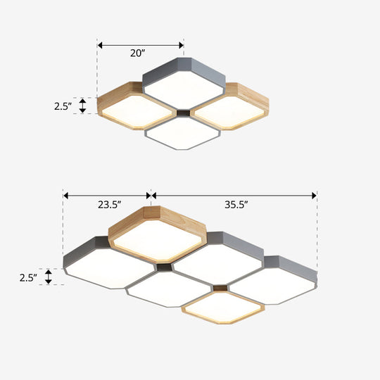 Led Checkered Ceiling Light: Nordic Grey Metal And Wood Fixture For Living Room