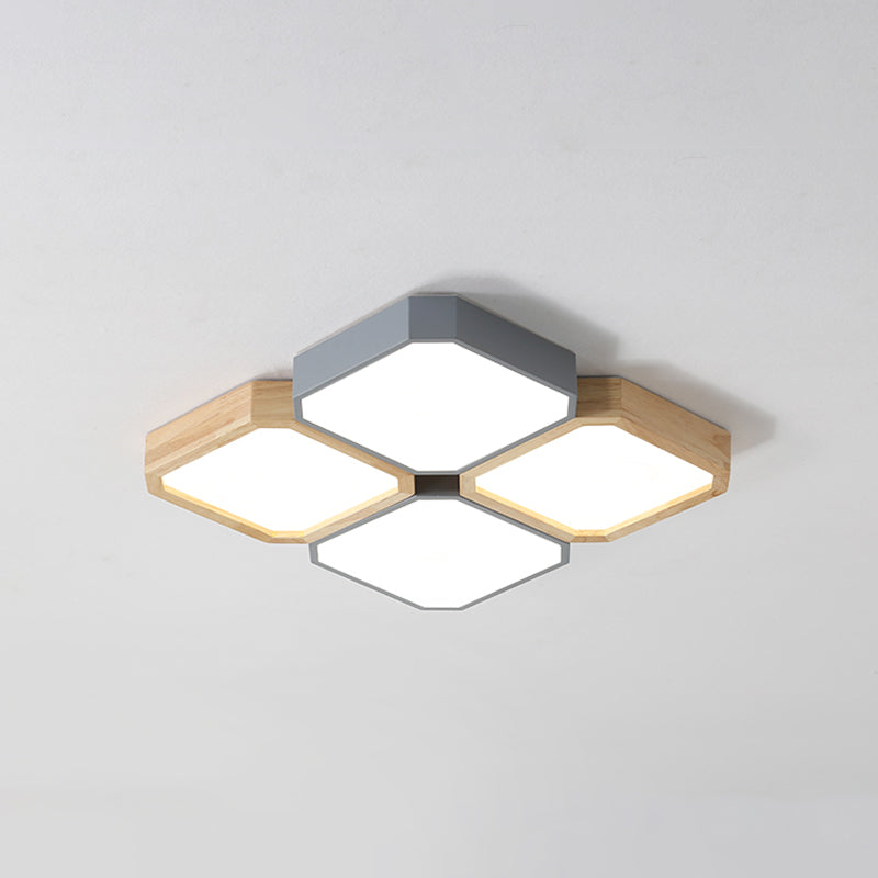 Led Checkered Ceiling Light: Nordic Grey Metal And Wood Fixture For Living Room 4 / White