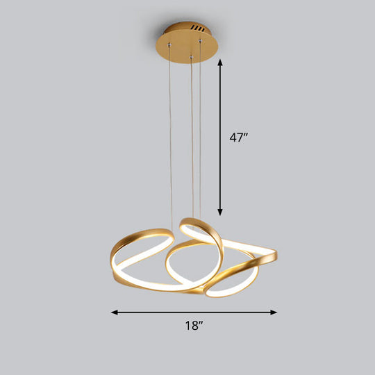 Gold Metal Twisty Led Chandelier - Simple Style Hanging Lamp For Restaurants / 18’ White