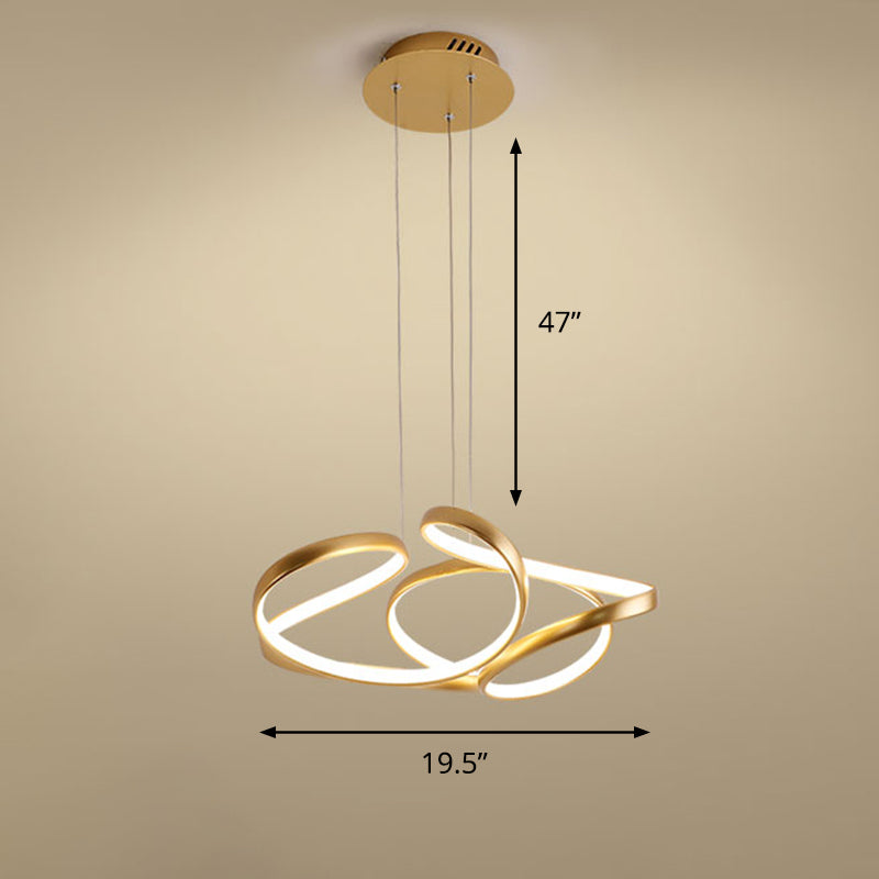 Gold Metal Twisty Led Chandelier - Simple Style Hanging Lamp For Restaurants / 19.5’ Remote