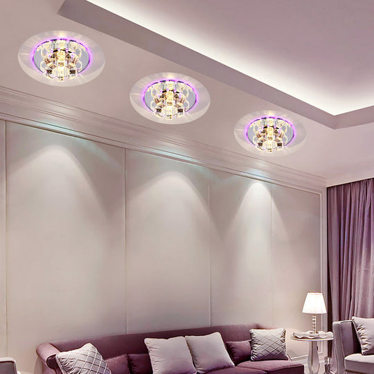 Minimalist Clear Crystal Flush Mount Ceiling Lamp With Mirrored Canopy - Floral Accent For Living