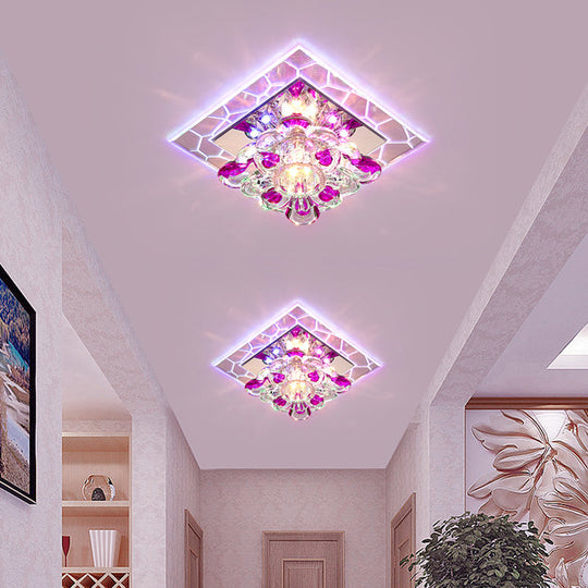 Modern Acrylic Square Led Flush Mount With Crystal Flower Shade