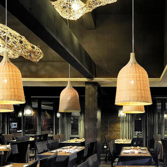 Asia Bamboo Hand-Braided Pendant Light Fixture - Exquisite 1 Bulb Restaurant Ceiling Lamp Wood / 10