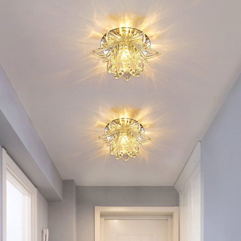 Modern Lotus Blossom Led Flush Mount Ceiling Light With Clear Crystal Accent - Ideal For Hallway And