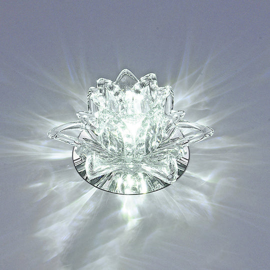Modern Lotus Blossom Led Flush Mount Ceiling Light With Clear Crystal Accent - Ideal For Hallway
