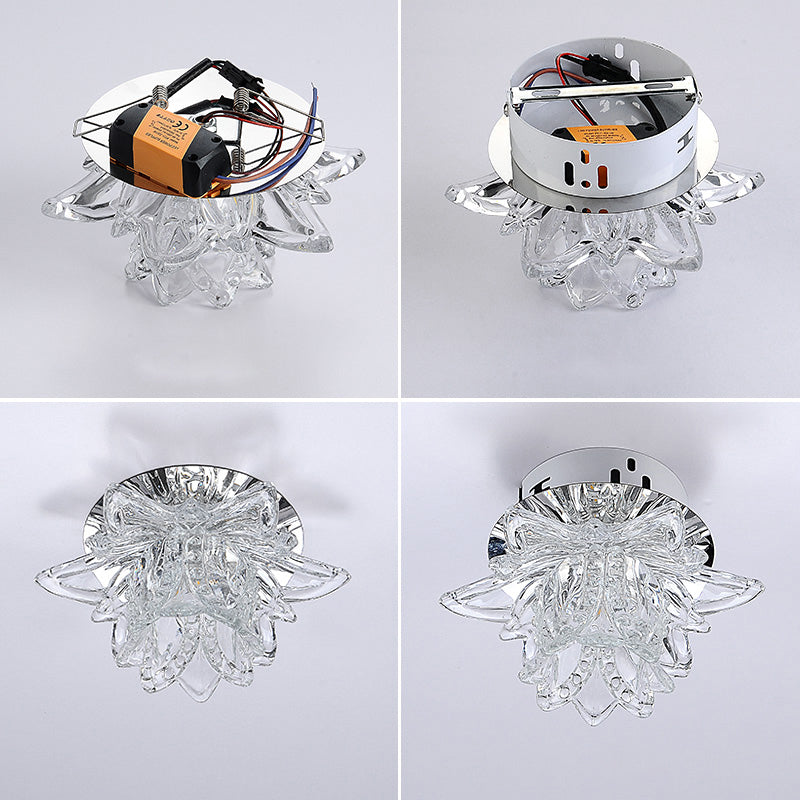 Modern Lotus Blossom Led Flush Mount Ceiling Light With Clear Crystal Accent - Ideal For Hallway