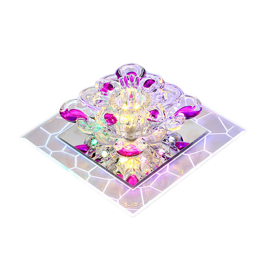 Contemporary Clear Led Crystal Ceiling Lamp For Hallway - Flower Square Flush Mount
