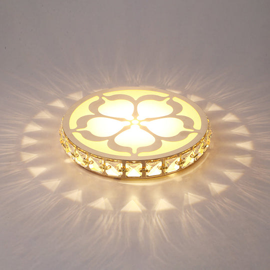Ultrathin Round Led Crystal Flush Mount Ceiling Light With Flower Pattern - Elegant Corridor Lamp