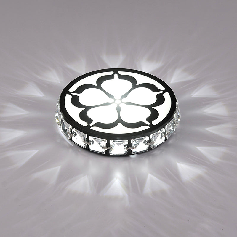 Ultrathin Round Led Crystal Flush Mount Ceiling Light With Flower Pattern - Elegant Corridor Lamp