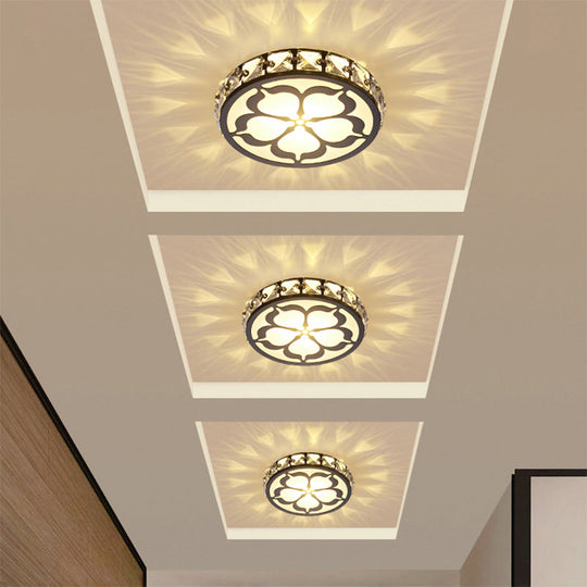 Ultrathin Round Led Crystal Flush Mount Ceiling Light With Flower Pattern - Elegant Corridor Lamp