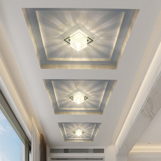 Modern Crystal Led Flush Mount Ceiling Light For Hallways - Square Lattice Cut Design In Clear /