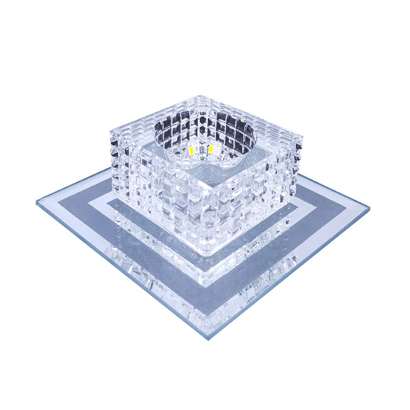 Modern Crystal Led Flush Mount Ceiling Light For Hallways - Square Lattice Cut Design In Clear