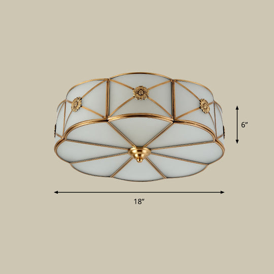 Antique White Glass Brass Flush-Mount Ceiling Light For Living Room With X-Brace And Floral Design 4
