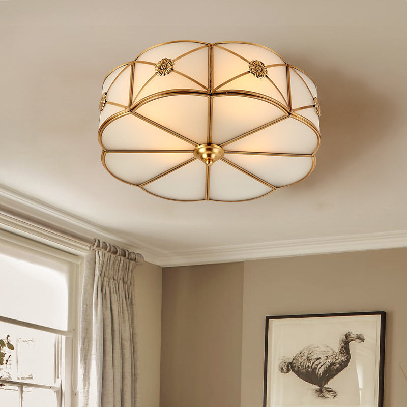 Antique White Glass Brass Flush - Mount Ceiling Light For Living Room With X - Brace And Floral