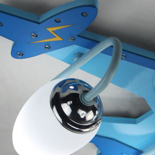 Kid’s Blue Wooden Ceiling Light With 3 - Light Flush Mount And Oval Milky Glass Shade