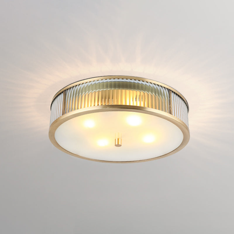 Modern Brass Flush Mount Ceiling Light – Simplicity Drum Shape Ribbed Clear Glass For Bedroom 4 /