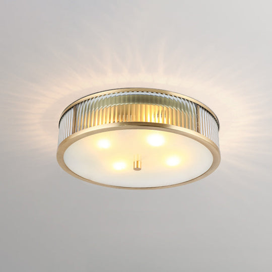 Modern Brass Flush Mount Ceiling Light Simplicity Drum Shape Ribbed Clear Glass For Bedroom 4 /