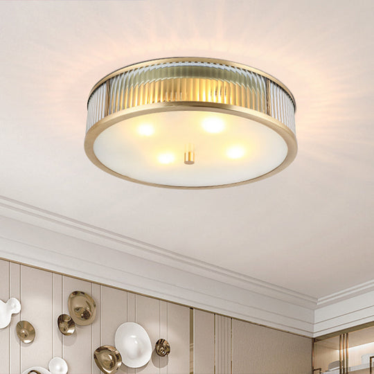 Modern Brass Flush Mount Ceiling Light Simplicity Drum Shape Ribbed Clear Glass For Bedroom
