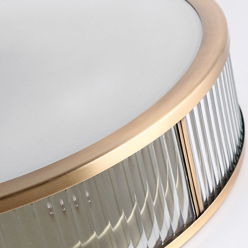 Modern Brass Flush Mount Ceiling Light Simplicity Drum Shape Ribbed Clear Glass For Bedroom