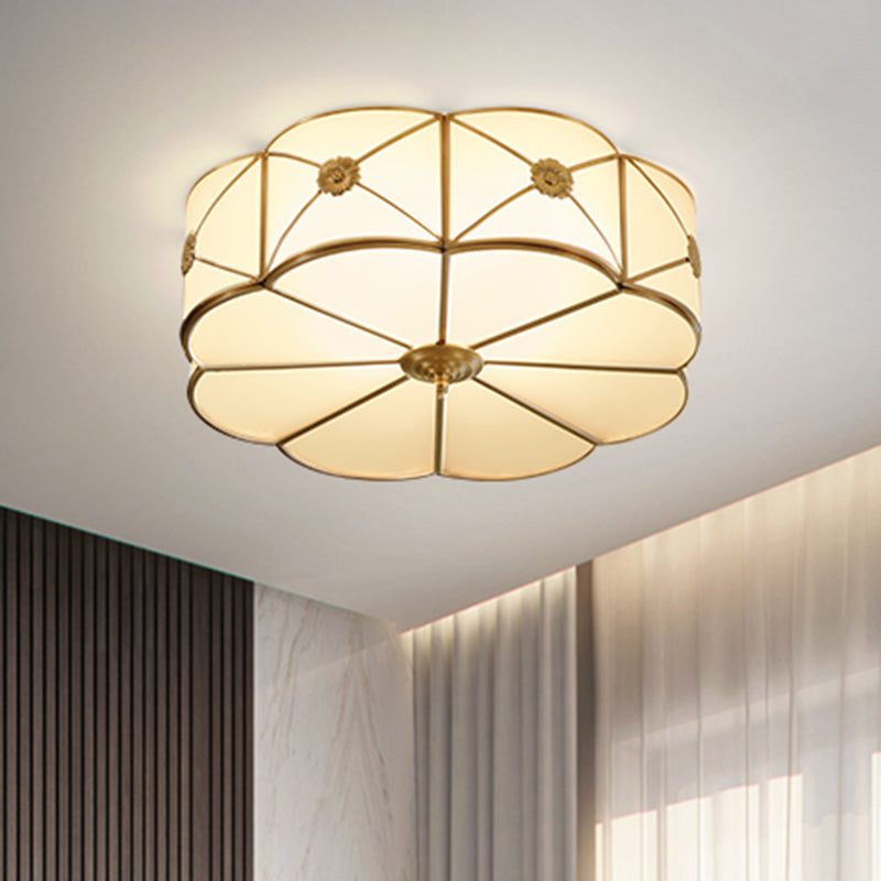 Traditional Scalloped Glass Ceiling Lamp In White & Brass For Bedroom Flush Mount Lighting