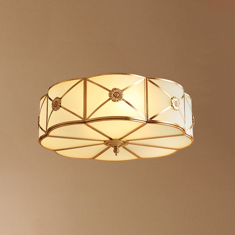 Traditional Scalloped Glass Ceiling Lamp In White & Brass For Bedroom Flush Mount Lighting 4 /