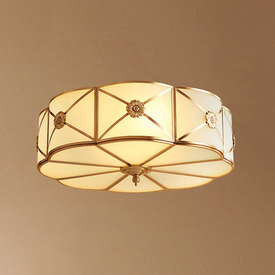 Traditional Scalloped Glass Ceiling Lamp In White & Brass For Bedroom Flush Mount Lighting 6 /