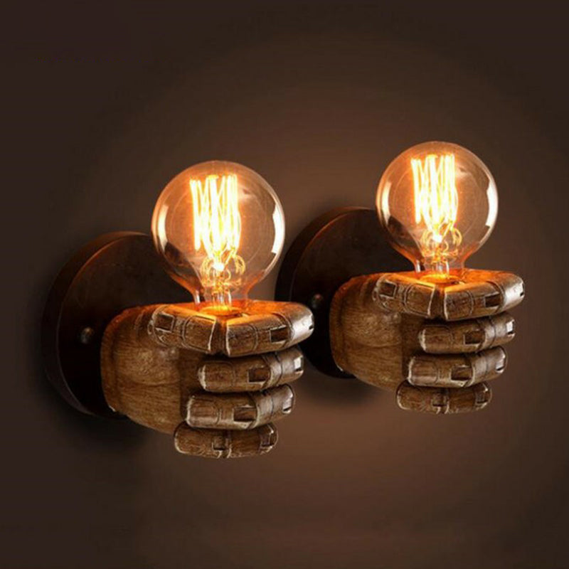 Loft Style Brown Fist Wall Lamp: Resin Sconce Light For Living Room