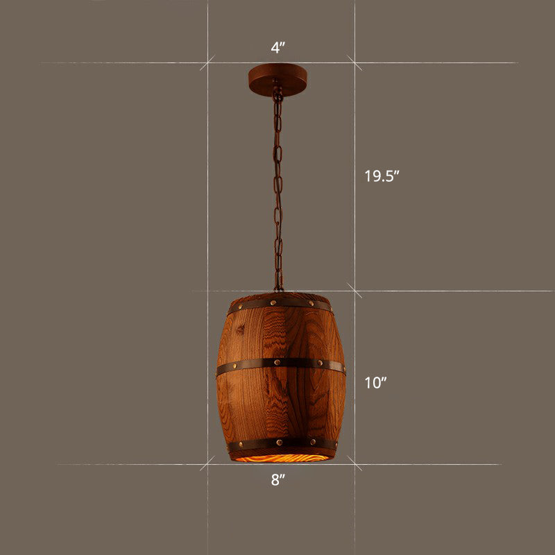 Rustic Wooden Wine Barrel Pendant Light - 1-Light Brown Suspension Lighting For Bistro / Globe