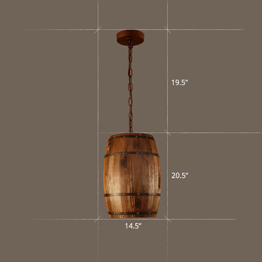 Rustic Wooden Wine Barrel Pendant Light - 1-Light Brown Suspension Lighting For Bistro / Oval