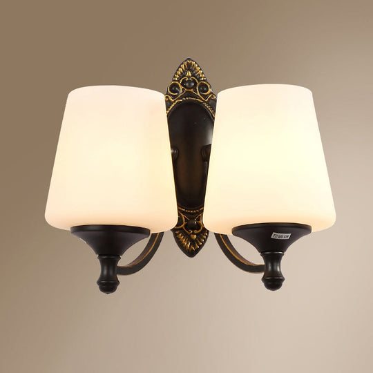 Frosted White Glass Cone Wall Light - Vintage Living Room Sconce Lighting (Black) 2 /