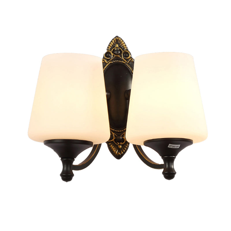 Frosted White Glass Cone Wall Light - Vintage Living Room Sconce Lighting (Black)