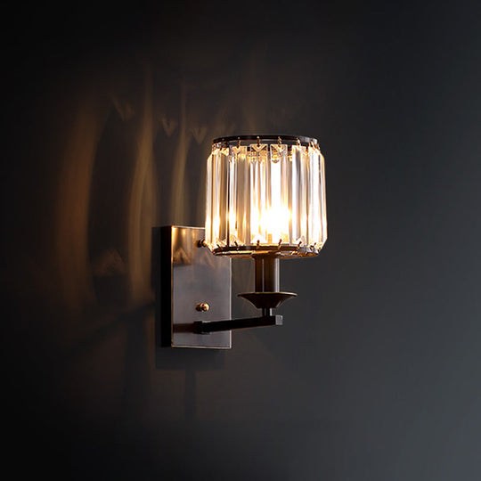 Cylinder Wall Lamp Fixture - Simplicity 1-Bulb Prismatic Crystal Sconce Lighting (Black)