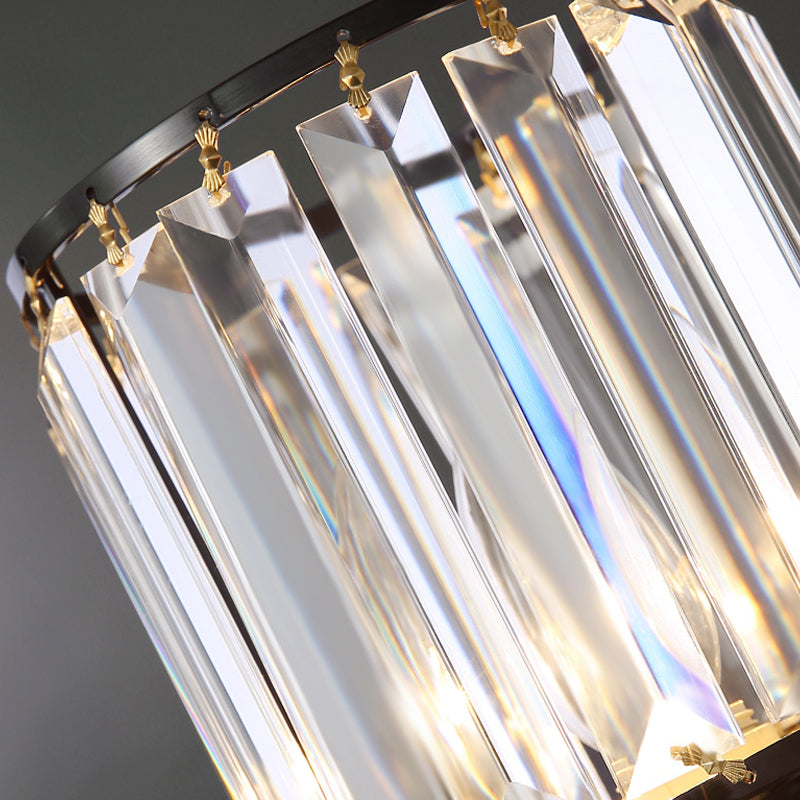 Cylinder Wall Lamp Fixture - Simplicity 1-Bulb Prismatic Crystal Sconce Lighting (Black)