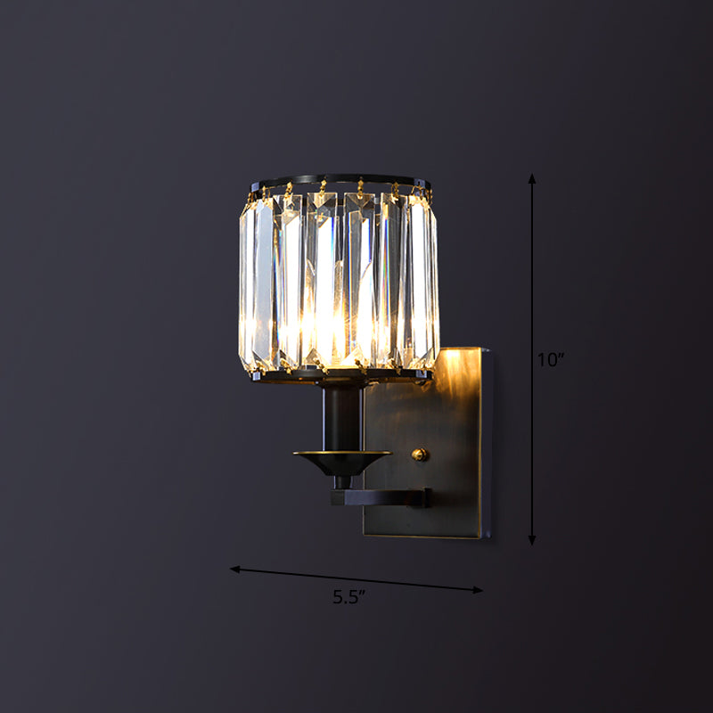 Cylinder Wall Lamp Fixture - Simplicity 1-Bulb Prismatic Crystal Sconce Lighting (Black)