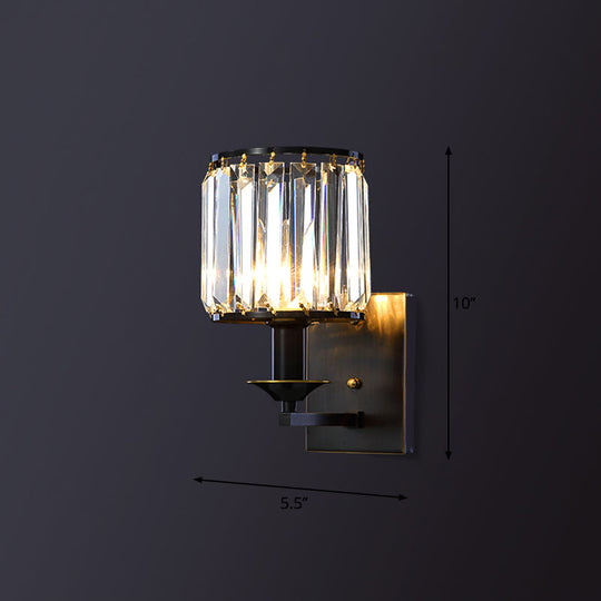 Cylinder Wall Lamp Fixture - Simplicity 1-Bulb Prismatic Crystal Sconce Lighting (Black)