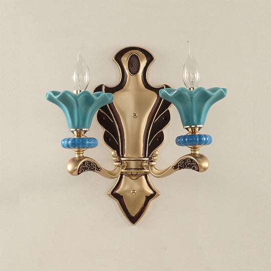 Blue Candelabra Wall Sconce With Porcelain Flower Shade - Classical Metal 1/2 Lights For Living Room