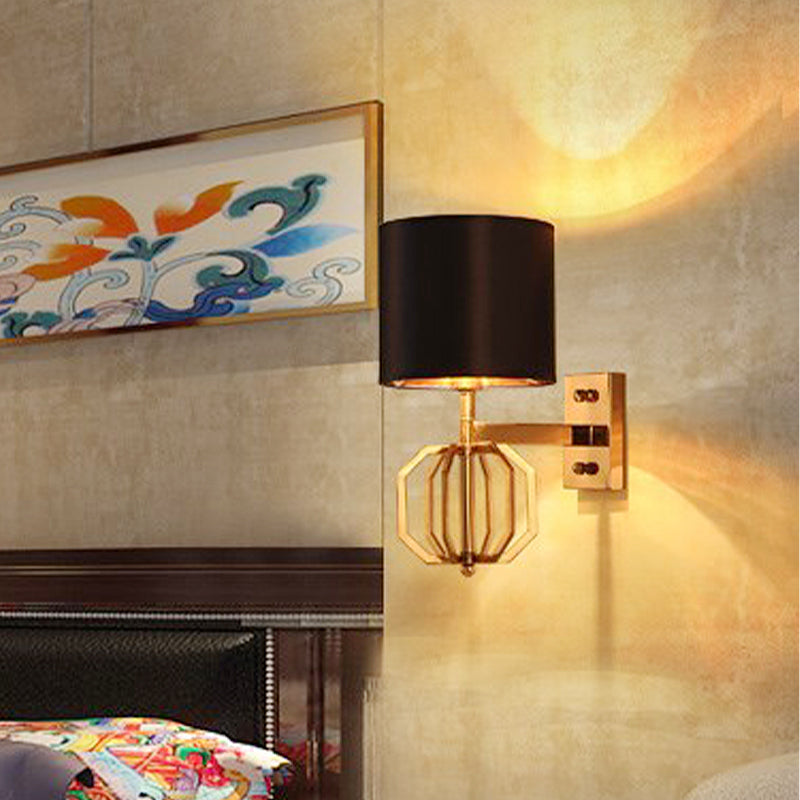 Vintage Metal Cylinder Wall Sconce With Fabric Shade- Blue Bedroom Light Fixture