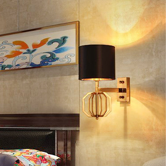 Vintage Metal Cylinder Wall Sconce With Fabric Shade- Blue Bedroom Light Fixture