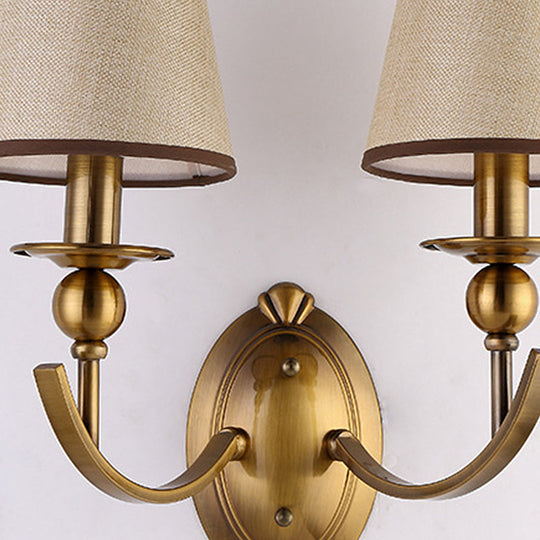 Vintage Conical Fabric Shade Wall Light Brass Sconce For Bedroom Lighting