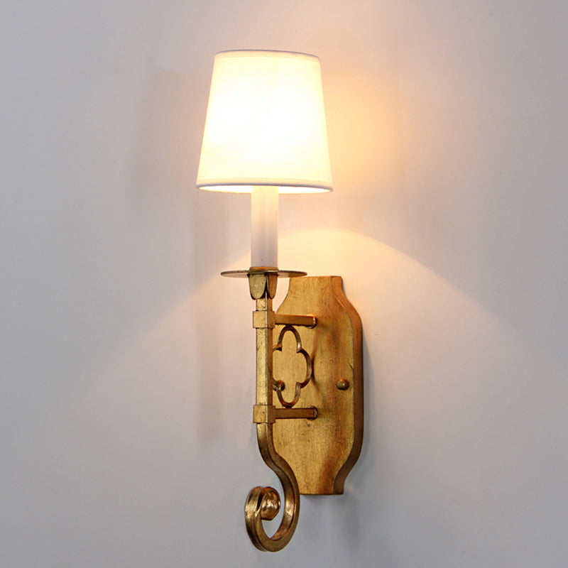 Vintage-Style Gold Wall Sconce With Fabric Tapered Shade