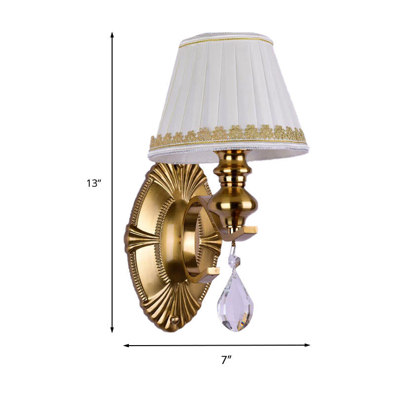 Vintage Fabric Gold Wall Sconce With Crystal Drop - Empire Shade 1/2-Light Mount Fixture