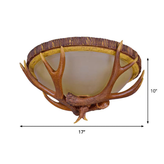Farmhouse Brown Frosted Glass Ceiling Light With Antler Deco - 3 - Light Dome Flush Mount Fixture